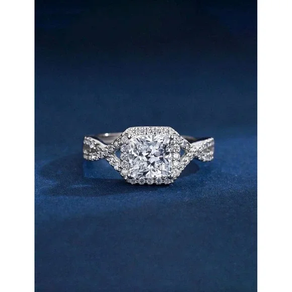 Princess Cut Halo Engagement Ring Infinity Twisted Band Silver Tone Wedding Ring - Picture 4 of 5